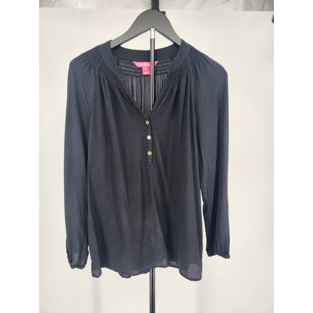 Lilly Pulitzer Elsa Top Womens Small Black Silk Long Sleeve Smocked Blouse Gold‎